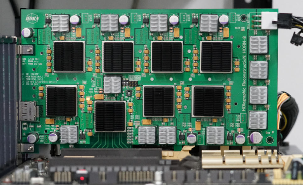HORN-8 has eight chips mounted on a Field Programmable Gate Array (FPGA) board.